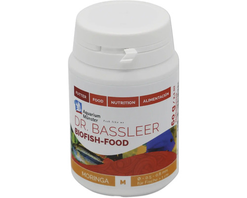 Aquariumfischfutter Aquarium Münster Dr. Bassleer Biofish Food Moringa M 60 g Dr. Bassleer Biofish-Food in einer weißen Dose mit Moringa
