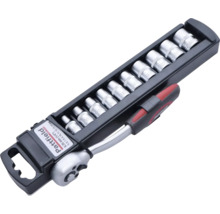 Steckschlüsselsatz mit Ratsche und verschiedenen Aufsätzen in einer schwarzen Halterung