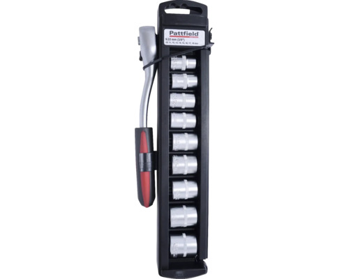 Pattfield Steckschlüssel-Satz 9,53 mm mit Ratschengriff und Steckschlüsseln in verschiedenen Größen.
