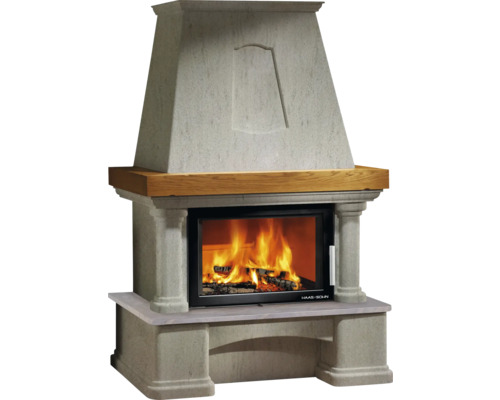 Kaminbausatz Haas & Sohn Genf-III Wärmespeicherbeton naturbelassen 8 kW Kamin mit Feuerstelle und Holzfeuer