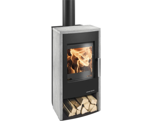 Kaminofen Haas & Sohn Rubus easy Serpentino grey stone 6 kW mit Holzfach Kaminofen mit Holzfach und brennendem Feuer