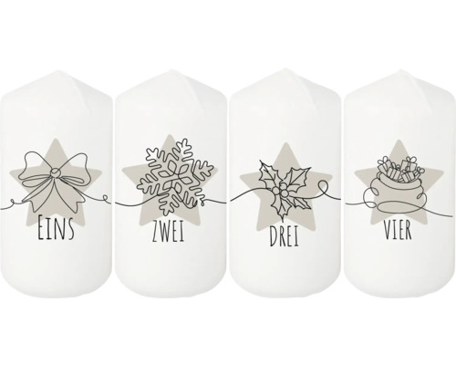 Stumpenkerzen für Adventkranz 4 Stk Vier Adventskerzen mit den Aufschriften Eins, Zwei, Drei und Vier