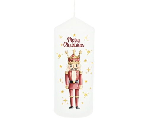 Stumpenkerze Nussknacker H 6,8 cm Kerze mit Nussknacker und der Aufschrift Frohe Weihnachten