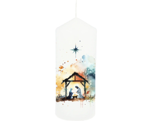 Stumpenkerze Weihnachtskrippe weiß H 17 cm Kerze mit Krippenmotiv und Stern