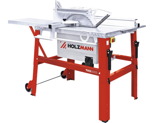 Holzmann Tischkreissäge TKS500S mit rotem Untergestell und seitlichem Tisch
