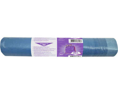 RAKKUUN Müllsäcke Zugband 60 l blau 10 Stück Rolle Müllsäcke mit Zugband, 60 Liter, 10 Stück