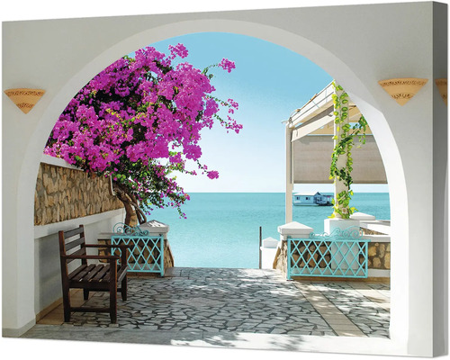 Dekoratives Wandbild mit Meerblick und blühenden Pflanzen