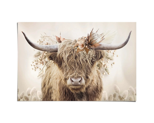 Dekorative Leinwand mit schottischem Hochlandrind und Blumenschmuck