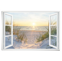 Wandbild mit Fensteransicht auf Strand bei Sonnenaufgang