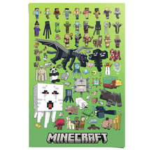 Minecraft Poster mit verschiedenen Charakteren und Kreaturen auf grünem Hintergrund