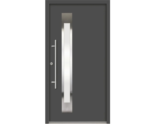 Moderne Haustür mit Edelstahlgriff und Glaseinsatz