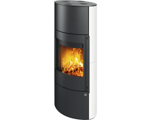 Kaminofen Nordenger Folldal Hoch Keramik weiß 6,3 kW mit Holzfach und Wärmespeicher Kaminofen mit Brennraum und Sichtfenster