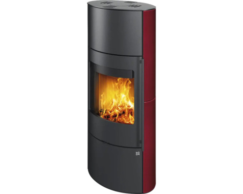 Kaminofen Nordenger Folldal Hoch Keramik bordeauxrot 6,3 kW mit Holzfach und Wärmespeicher Kaminofen mit Brennkammer und seitlicher Verkleidung