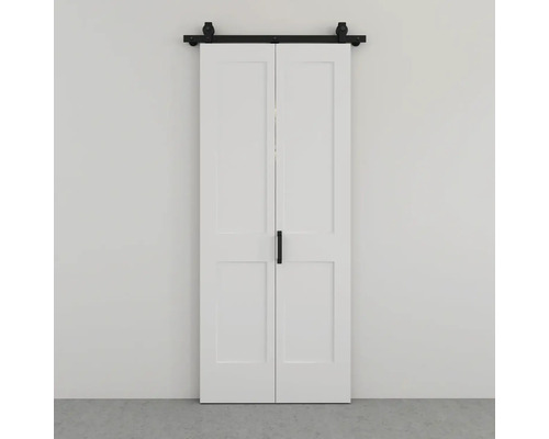 Zwei weiße Schiebetüren mit schwarzer Schiene und Griff