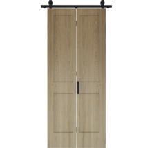 Schiebetürsystem mit zwei Holzschiebetüren und schwarzer Laufschiene