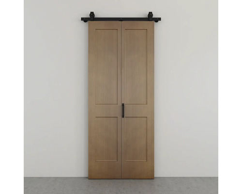 Doppelte Schiebetür aus Holz mit schwarzer Schiene und Griff