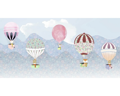 Illustration von Tieren in Heißluftballons vor einer Hügellandschaft