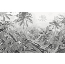 Illustration einer tropischen Waldtapete mit Palmen und großen Blättern.