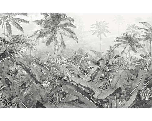 Illustration einer tropischen Waldtapete mit Palmen und großen Blättern.