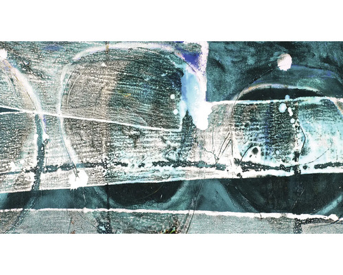 Nahaufnahme eines abstrakten Gemäldes auf Leinwand mit geometrischen Formen und Strukturen