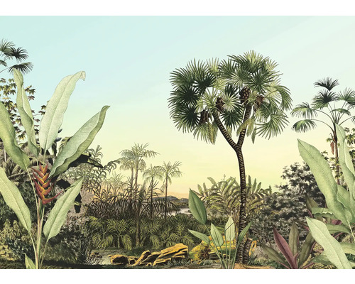 Illustration einer tropischen Landschaft mit Palmen und üppiger Vegetation.
