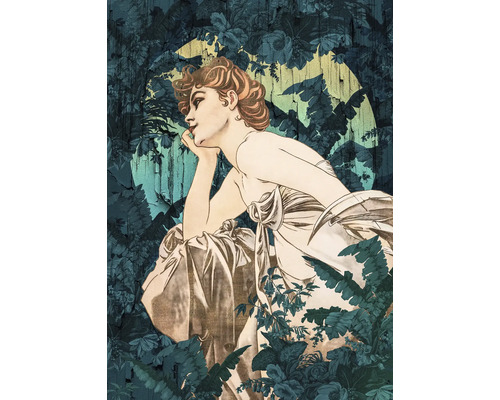 Dekorative Wandgestaltung mit Frauendarstellung und floralen Elementen