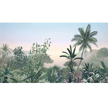 Illustration einer tropischen Landschaft mit verschiedenen Pflanzen und Palmen