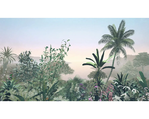 Illustration einer tropischen Landschaft mit verschiedenen Pflanzen und Palmen
