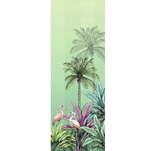 Illustration mit Palmen, tropischen Pflanzen und Flamingos