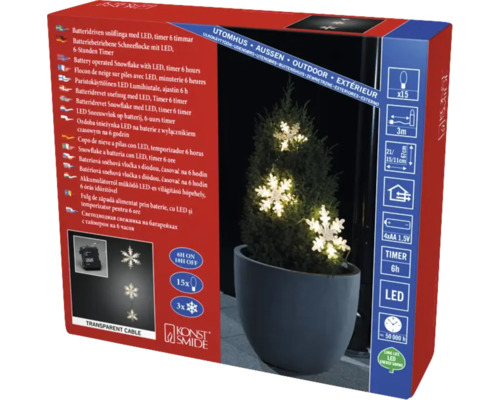 LED Lichterkettenvorhang außen Konstsmide 15 LEDs warmweiß batteriebetrieben Batteriebetriebene Schneeflocken-Lichterkette mit LED, 15 Stück für den Außenbereich