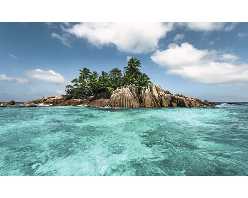 Tropische Insel mit Felsen und Palmen im türkisfarbenen Meer