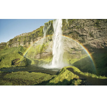 Wasserfall mit Regenbogen in einer grünen Landschaft