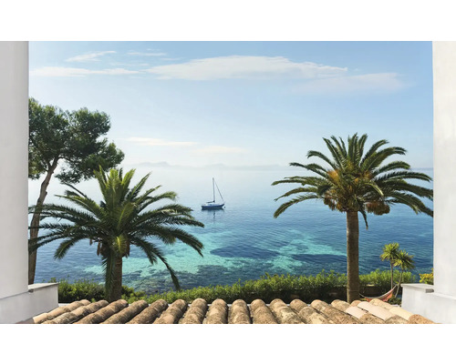 Blick vom Dach mit Ziegeln auf das Meer mit Segelboot und Palmen