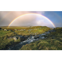 Landschaft mit Bachlauf, Steinen und Regenbogen