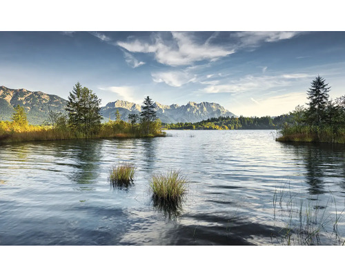 Seelandschaft mit Bäumen und Bergen im Hintergrund