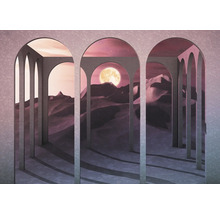 Illustration mit Wüstenlandschaft, Mond und Säulenbögen