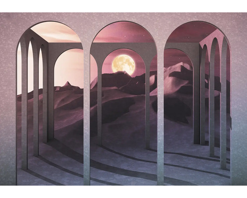 Illustration mit Wüstenlandschaft, Mond und Säulenbögen
