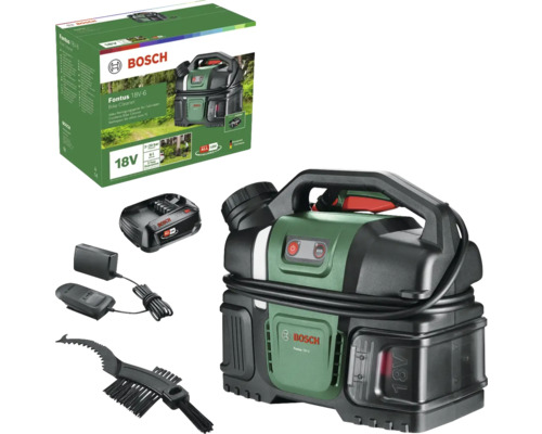 Bosch Fontus 18V-6 Akku-Reiniger mit Zubehör und Produktverpackung