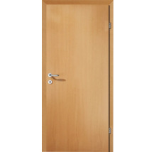 Zimmertür in Holzoptik mit Türzarge, silberfarbenem Drücker, Schlüsselloch und Scharnieren.