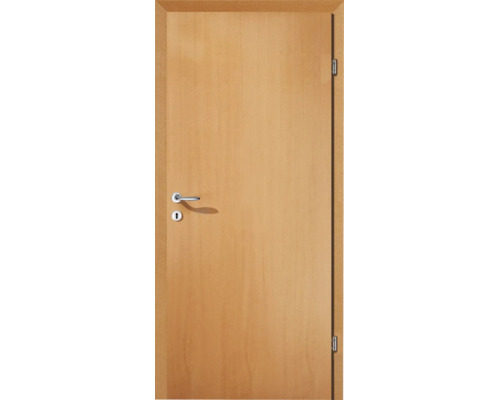 Zimmertür in Holzoptik mit Türzarge, silberfarbenem Drücker, Schlüsselloch und Scharnieren.