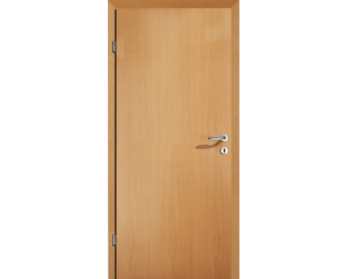 Zimmertür in Holzoptik mit Türdrücker, Schlüsselloch und Scharnieren, Anschlag links.