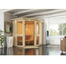 Ecksauna aus Holz mit Glastür in einem Badezimmer