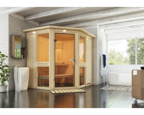 Elementsauna Karibu Omelia 1 inkl. 9 kW Ofen u.integr.Steuerung mit Dachkranz und bronzierter Ganzglastüre Sauna aus Holz mit Glastür in einem Badezimmer mit Waschbecken und Badewanne.
