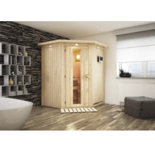 Holzsauna im Badezimmer mit Steinwand
