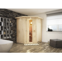 Ecksauna aus Holz mit Glastür in einem Badezimmer