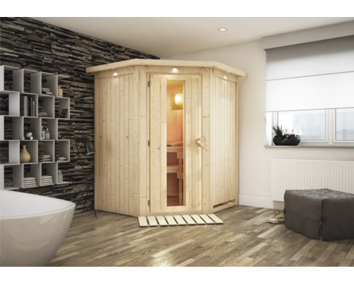 Ecksauna aus Holz mit Glastür in einem Badezimmer