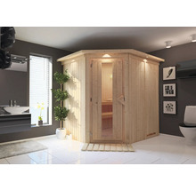 Ecksauna aus Holz mit Glastür in einem Badezimmer