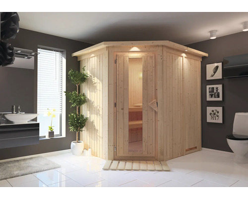 Ecksauna aus Holz mit Glastür in einem Badezimmer