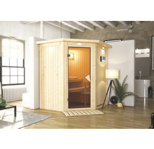 Holzsauna mit Glastür in einem Badezimmer
