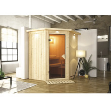 Ecksauna aus Holz mit Glastür in einem Wohnraum.